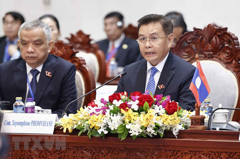 Chủ tịch Quốc hội Lào Saysomphone Phomvihane phát biểu ý kiến. (Ảnh: Doãn Tấn/TTXVN) 