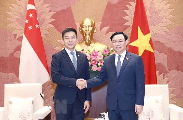 Chủ tịch Quốc hội Vương Đình Huệ và Chủ tịch Quốc hội Singapore Tan Chuan-Jin chụp ảnh chung. (Ảnh: Doãn Tấn/TTXVN)