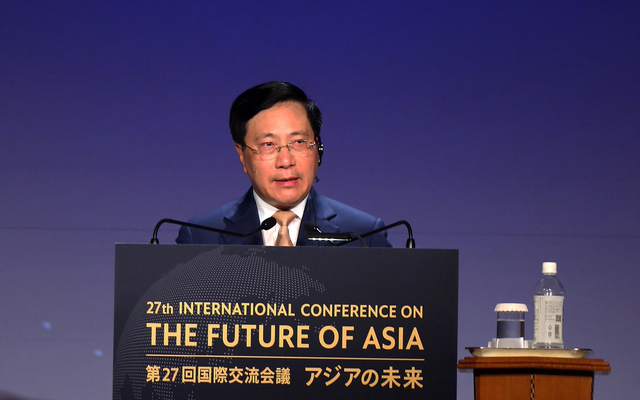  Phó Thủ tướng Thường trực Chính phủ Phạm Bình Minh phát biểu tại Hội nghị quốc tế về tương lai châu Á lần thứ 27. (Ảnh: VGP)