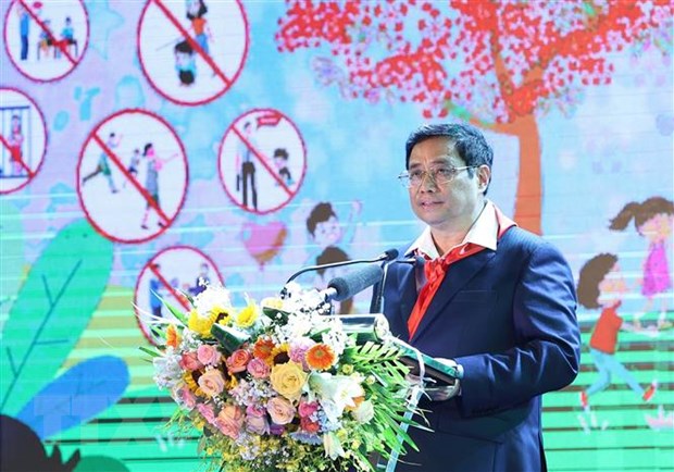 Thủ tướng Phạm Minh Chính phát biểu tại Lễ phát động Tháng hành động vì trẻ em và khai mạc Hè năm 2022. (Ảnh: Dương Giang/TTXVN)