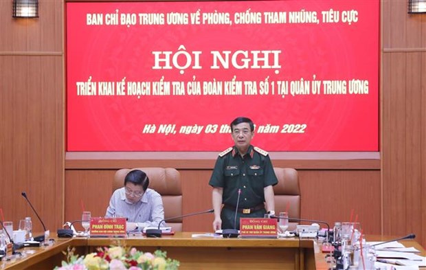 Đại tướng Phan Văn Giang, Uỷ viên Bộ Chính trị, Bộ trưởng Bộ Quốc phòng, Phó Bí thư Quân uỷ Trung ương phát biểu tại buổi làm việc tại Hà Nội, sáng 3/6/2022. (Ảnh: Phương Hoa/TTXVN)