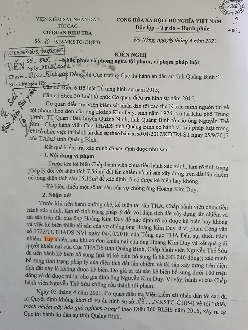 Văn bản của Cơ quan điều tra Viện KSND tối cao về kiến nghị khắc phục những vi phạm của CHV Nguyễn Thế Sửu.