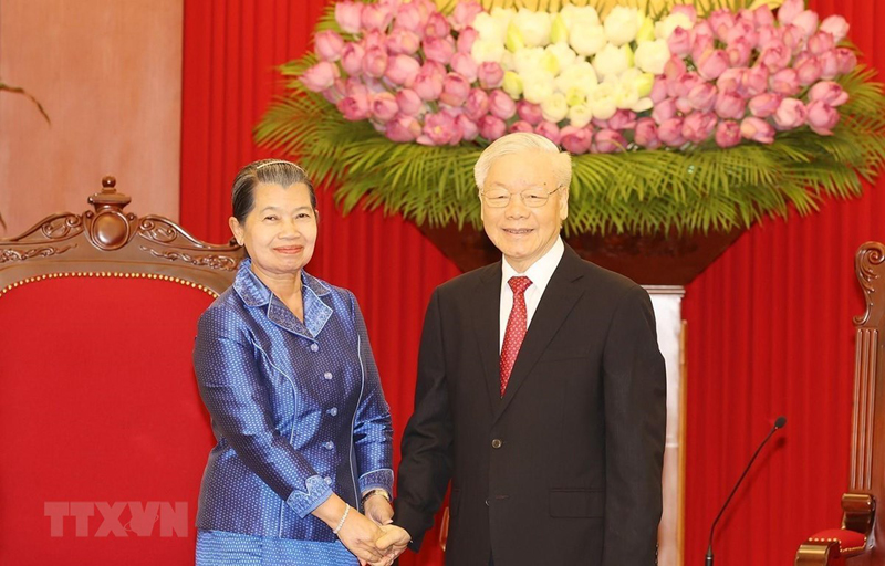 Tổng Bí thư Nguyễn Phú Trọng tiếp Phó Chủ tịch Đảng Nhân dân Campuchia (CPP), Phó Thủ tướng Campuchia Men Sam An. (Ảnh : Trí Dũng/TTXVN)