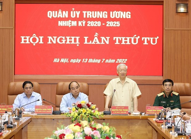 Tổng Bí thư Nguyễn Phú Trọng, Bí thư Quân ủy Trung ương phát biểu kết luận Hội nghị. (Ảnh: Trí Dũng/TTXVN)