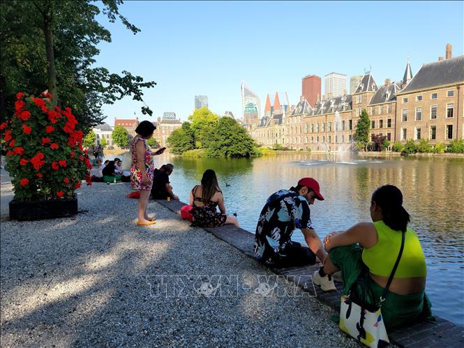 Người dân giải nhiệt bên bờ sông ở La Hay, Hà Lan, ngày 19/7/2022. Ảnh: THX/TTXVN