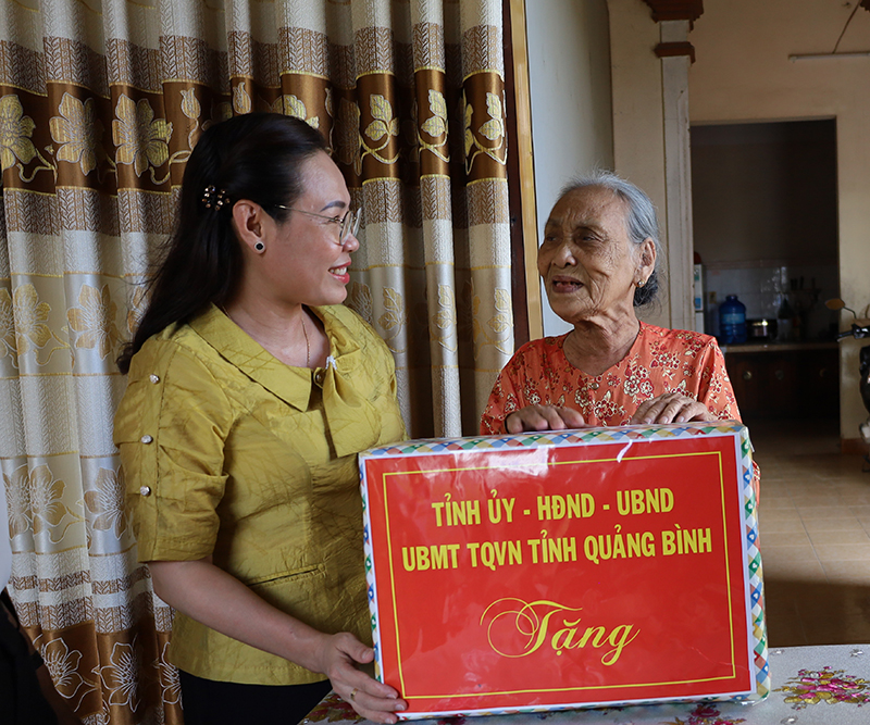 Đồng chí Phạm Thị Hân, Ủy viên Ban Thường vụ Tỉnh ủy, Chủ tịch Ủy ban MTTQVN tỉnh tặng quà Mẹ VNAH Đinh Thị Chấn (sinh năm 1927), ở thôn Đức Hoa, xã Đức Ninh.