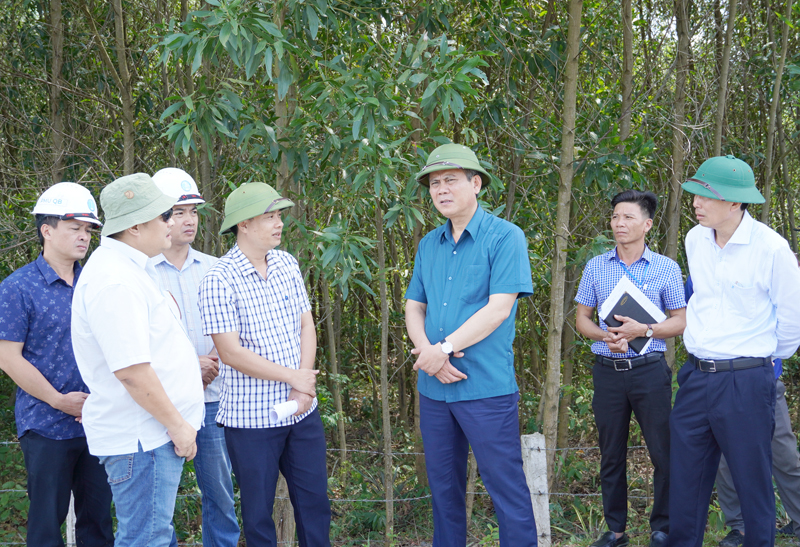 Đồng chí Chủ tịch UBND tỉnh Trần Thắng kiểm tra thực địa Dự án đường bộ cao tốc Bắc-Nam đoạn đi qua địa bàn xã Quảng Hợp, huyện Quảng Trạch.