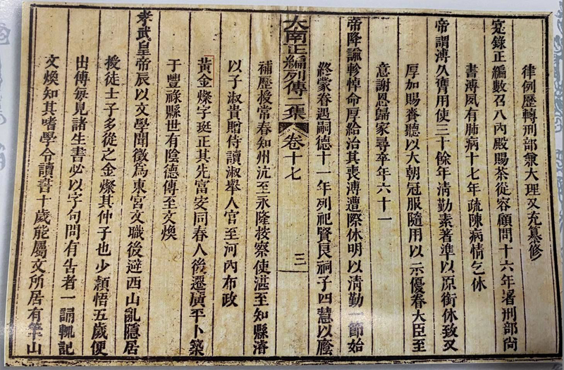  Mộc bản triều Nguyễn khắc ghi thân thế, sự nghiệp của Hiệp biện đại học sĩ Hoàng Kim Xán.