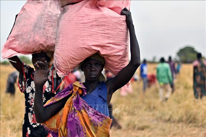 Người dân nhận lương thực cứu trợ tại Ayod, Nam Sudan ngày 6/2/2020. Ảnh: AFP/TTXVN
