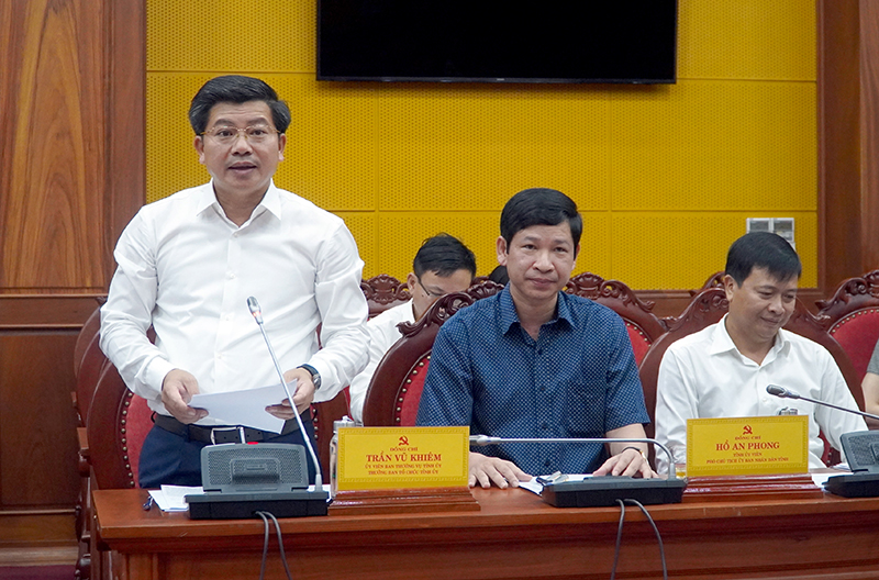 Đồng chí Trưởng ban Tổ chức Tỉnh ủy Trần Vũ Khiêm phát biểu tại buổi làm việc
