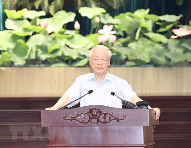 Tổng Bí thư Nguyễn Phú Trọng phát biểu kết luận tại buổi làm việc. (Ảnh: Trí Dũng/TTXVN)