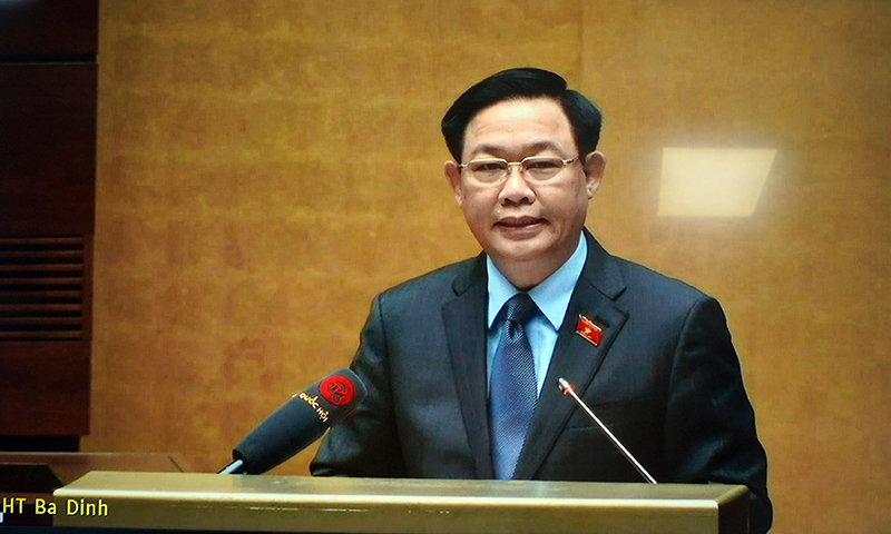 Đồng chí Chủ tịch Quốc hội Vương Đình Huệ kết luận hội nghị (ảnh chụp qua màn hình)