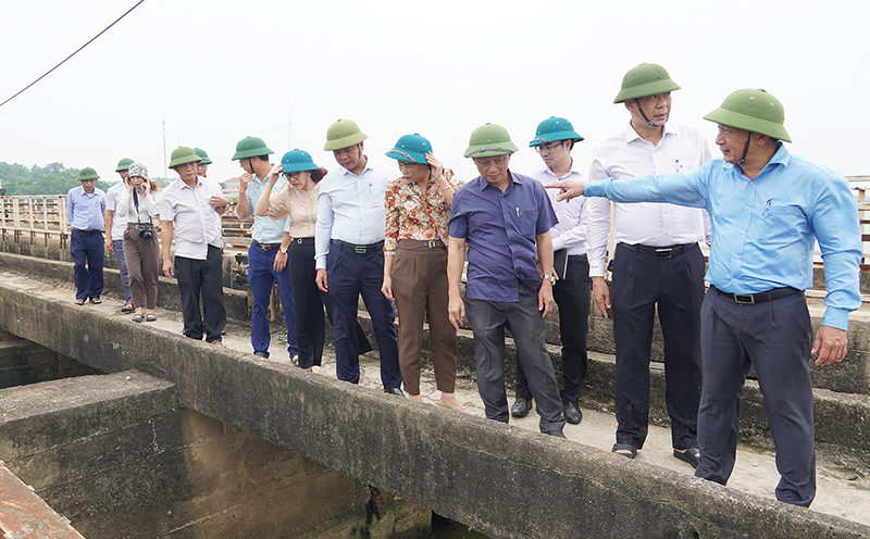 Đồng chí Phó Bí thư Thường trực Tỉnh ủy Trần Hải Châu kiểm tra tình hình tại đập Mỹ Trung (Quảng Ninh).