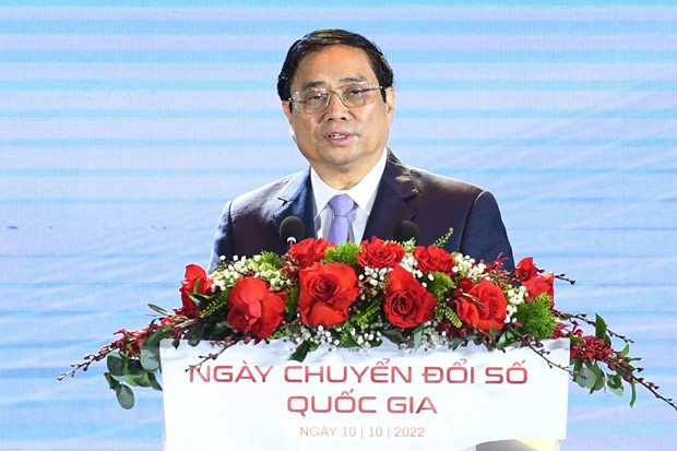 Thủ tướng Phạm Minh Chính gửi thông điệp của Chính phủ đẩy mạnh chuyển đổi số quốc gia. (Ảnh: PV/Vietnam+)