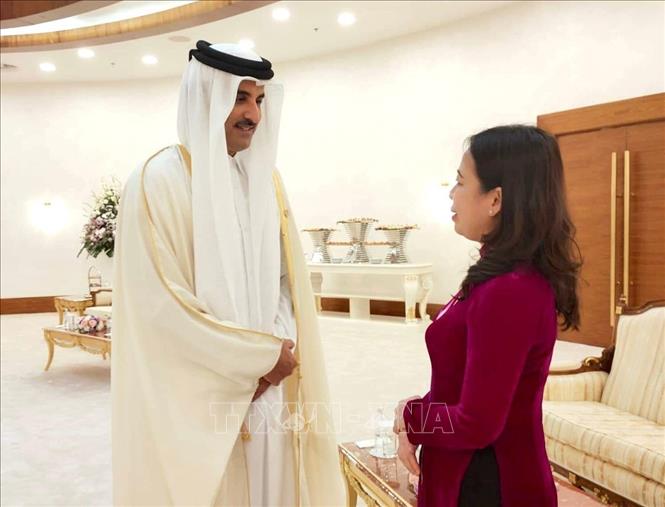 Phó Chủ tịch nước Võ Thị Ánh Xuân gặp Quốc vương Qatar Sheikh Tamim bin Hamad Al-Thani. Ảnh: TTXVN phát
