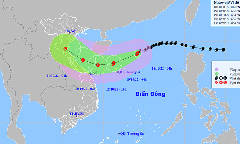 Vị trí và đường đi của cơn bão số 6 ngày 18/10. Ảnh: NCHMF