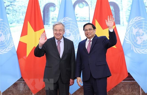 Thủ tướng Phạm Minh Chính tiếp Tổng Thư ký Liên hợp quốc António Guterres. (Ảnh: Dương Giang/TTXVN)