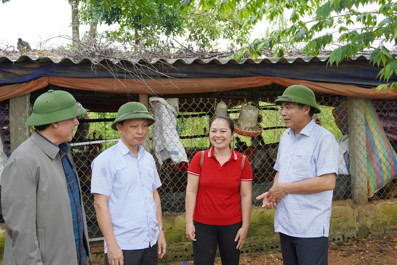 Đồng chí Phó Chủ tịch Thường trực UBND tỉnh Đoàn Ngọc Lâm kiểm tra mô hình chăn nuôi gà Quý Chiên (xã Quảng Thạch)
