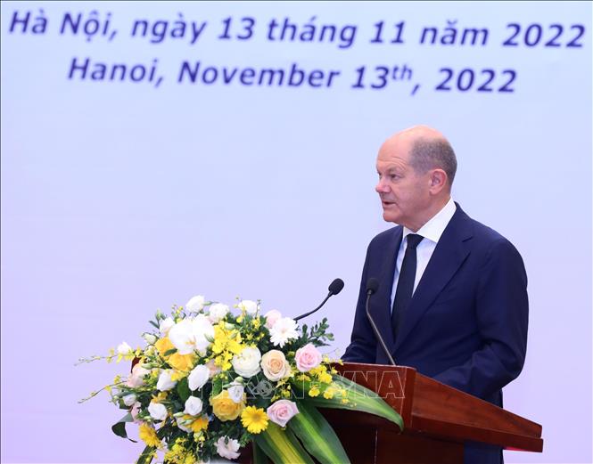 Thủ tướng Cộng hòa Liên bang Đức Olaf Scholz phát biểu tại Hội nghị bàn tròn doanh nghiệp Việt Nam - Đức ngày 13/11/2022. Ảnh: Lâm Khánh/TTXVN