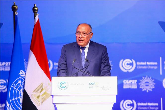 Ngoại trưởng Ai Cập Sameh Shoukry phát biểu khai mạc COP27 tại Sharm El Sheikh ngày 6/11/2022. Ảnh: AFP/TTXVN