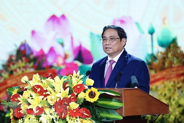 Thủ tướng Phạm Minh Chính trình bày diễn văn kỷ niệm 100 năm Ngày sinh Thủ tướng Võ Văn Kiệt. (Ảnh: Dương Giang/TTXVN)