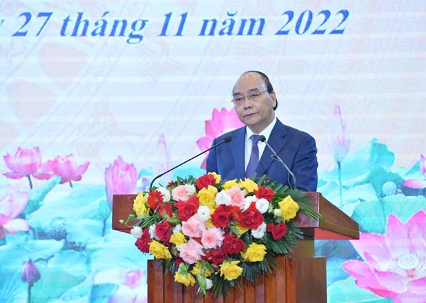 Chủ tịch nước Nguyễn Xuân Phúc phát biểu tại hội nghị. (Ảnh: Minh Đức/TTXVN)