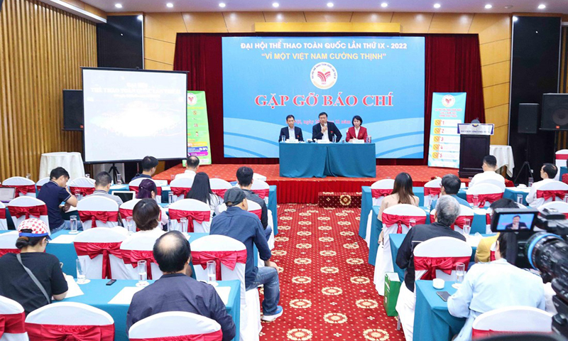 Ban tổ chức gặp gỡ báo chí, trao đổi thông tin về Đại hội Thể thao toàn quốc 2022. (Ảnh: PV/Vietnam+)
