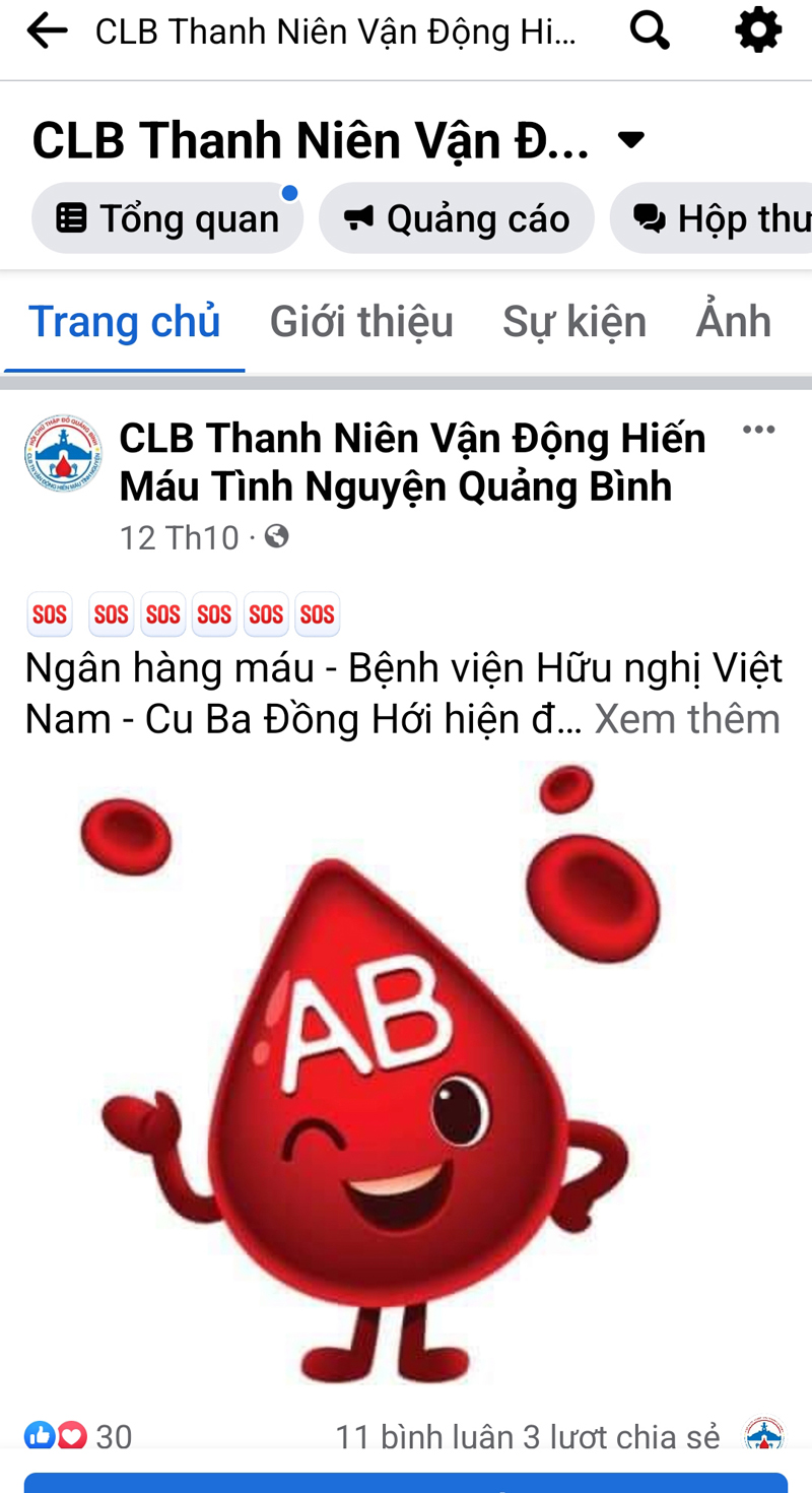 Lời kêu gọi các TNV nhóm máu AB hiến máu cứu người trên Fanpage của CLB TNVĐHMTN Quảng Bình.