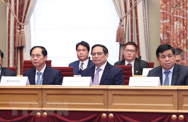 Thủ tướng Phạm Minh Chính phát biểu tại buổi hội kiến. (Ảnh: Dương Giang/TTXVN)