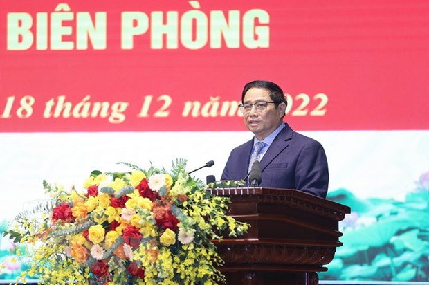 Thủ tướng Phạm Minh Chính phát biểu tại buổi đến thăm và làm việc với Bộ Tư lệnh Bộ đội Biên phòng. (Ảnh: Dương Giang/TTXVN)