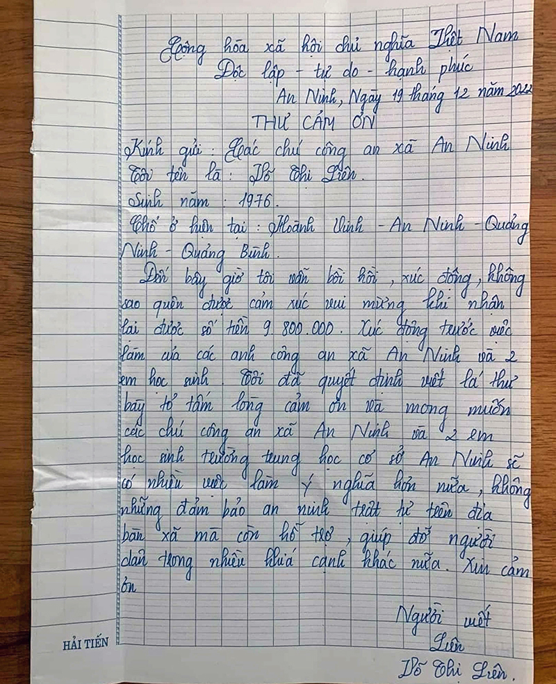 Chị Võ Thị Liên đã viết thư cảm ơn gửi đến hai em học sinh và lực lượng công an xã An Ninh.
