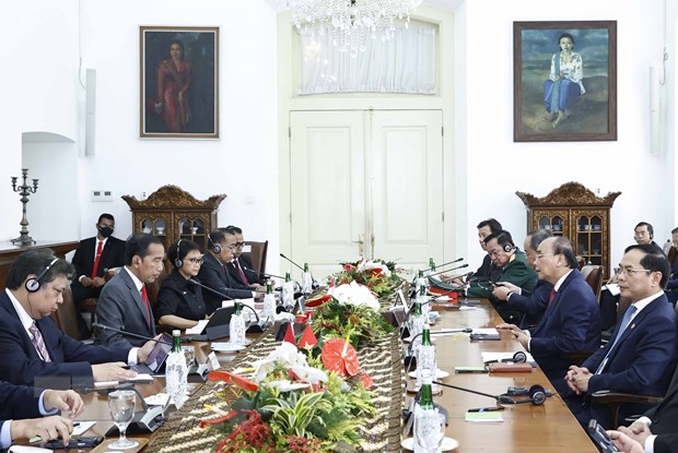 Chủ tịch nước Nguyễn Xuân Phúc hội đàm với Tổng thống Indonesia Joko Widodo. (Ảnh: Thống Nhất/TTXVN)