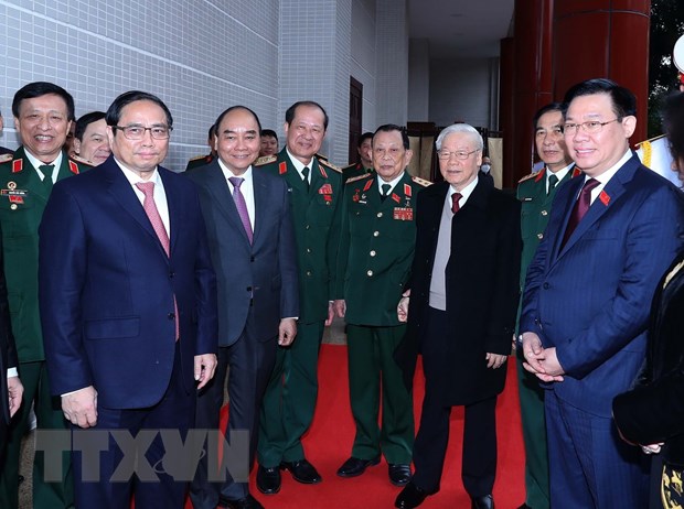 Tổng Bí thư Nguyễn Phú Trọng cùng các lãnh đạo Đảng, Nhà nước đến dự đại hội. (Ảnh: Trọng Đức/TTXVN)