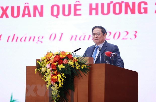 Thủ tướng Phạm Minh Chính phát biểu tại buổi gặp mặt kiều bào tiêu biểu tham dự chương trình Xuân Quê hương 2023. (Ảnh: Dương Giang/TTXVN)