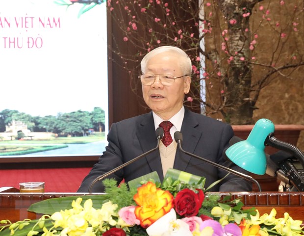 Tổng Bí thư Nguyễn Phú Trọng chúc Tết Đảng bộ, chính quyền và nhân dân thủ đô Hà Nội. (Ảnh: Phương Hoa/TTXVN)