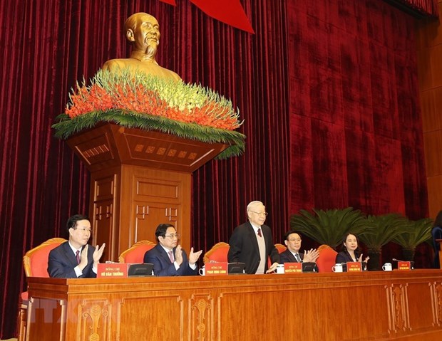 Tổng Bí thư Nguyễn Phú Trọng cùng các lãnh đạo Đảng và Nhà nước chủ trì hội nghị. (Ảnh: Trí Dũng/TTXVN)