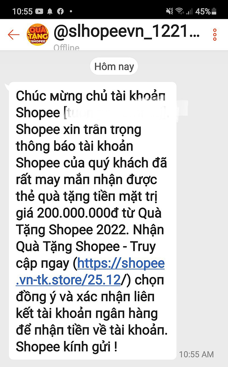 Tin nhắn gửi từ ứng dụng mua sắm trực tuyến Shopee gửi đến khách hàng kèm đường link hướng dẫn nhận “tiền thưởng”.