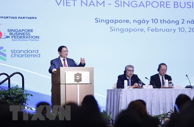 Thủ tướng Phạm Minh Chính phát biểu tại Diễn đàn Doanh nghiệp Việt Nam-Singapore. (Ảnh: Dương Giang/TTXVN)