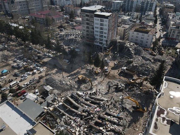 Cảnh đổ nát sau trận động đất tại Adiyaman (Thổ Nhĩ Kỳ), ngày 23/2/2023. (Ảnh: THX/TTXVN)