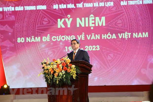 Thủ tướng Phạm Minh Chính trình bày diễn văn Kỷ niệm 80 năm Đề cương về Văn hóa Việt Nam. (Nguồn: PV/Vietnam+)