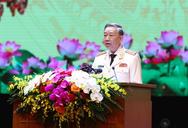 Bộ trưởng Bộ Công an Tô Lâm khẳng định toàn lực lượng Công an nhân dân tiếp tục đẩy mạnh phong trào học tập, thực hiện Sáu điều Bác Hồ dạy. (Ảnh: PV/Vietnam+)