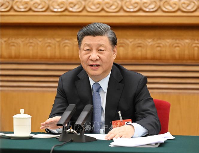 Tổng Bí thư, Chủ tịch Trung Quốc kiêm Chủ tịch Quân ủy Trung ương Tập Cận Bình dự phiên thảo luận tại Kỳ họp thứ nhất Đại hội Đại biểu Nhân dân Toàn Quốc khóa XIV ở Bắc Kinh, ngày 5/3/2023. Ảnh: THX/TTXVN