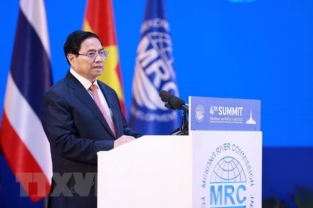 Thủ tướng Phạm Minh Chính phát biểu tại Phiên toàn thể Hội nghị cấp cao Ủy hội sông Mekong quốc tế lần thứ tư. (Ảnh: Dương Giang/TTXVN)