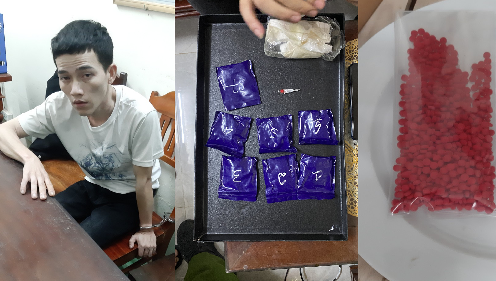  Đối tượng Nguyễn Đình Sáng cùng số ma túy gồm 1.218 viên ma túy tổng hợp dạng hồng phiến thu giữ tại nhà riêng.