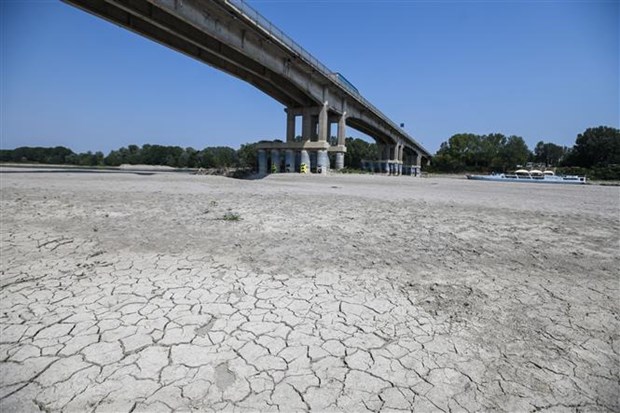 Lòng sông khô cạn do hạn hán, tại Boretto, đông bắc Parma, Italy, ngày 15/6/2022. (Ảnh: AFP/TTXVN)