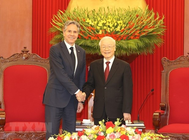  Tổng Bí thư Nguyễn Phú Trọng và Ngoại trưởng Hoa Kỳ Antony Blinken. (Ảnh: Trí Dũng/TTXVN)
