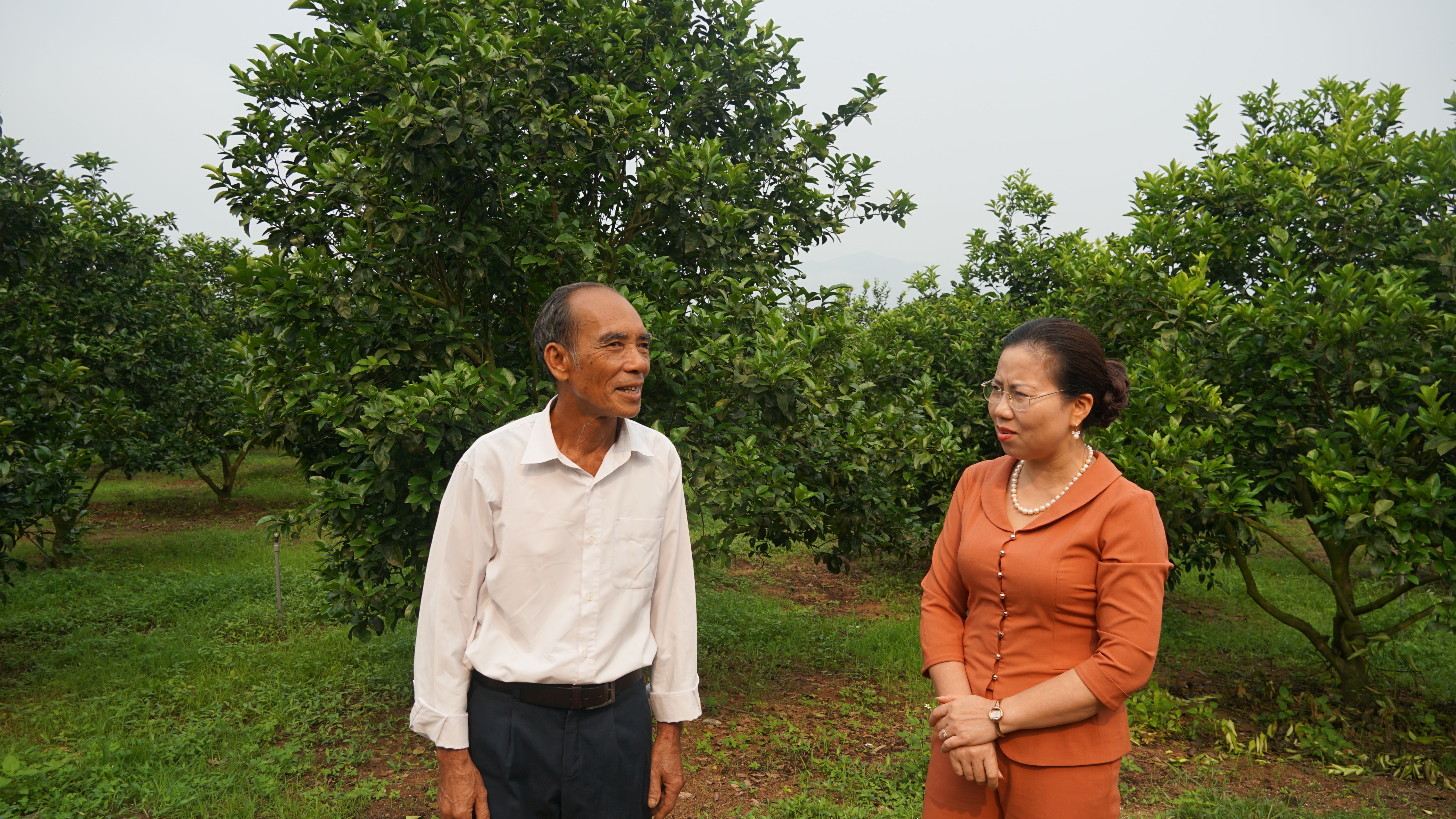 HVND Bế Văn Mai chia sẻ về mô hình kinh tế trang trại của mình với Phó Chủ tịch Trung ương HND Việt Nam Bùi Thị Thơm.