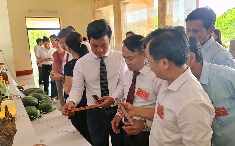 Các đại biểu tham quan gian hàng trưng bày sản phẩm tiêu biểu của nông dân huyện Quảng Ninh.