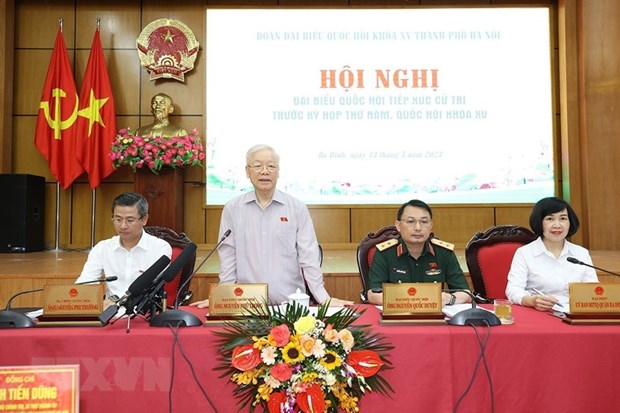 Tổng Bí thư Nguyễn Phú Trọng phát biểu tại buổi tiếp xúc cử tri quận Đống Đa, Ba Đình và Hai Bà Trưng. (Ảnh: Trí Dũng/TTXVN)