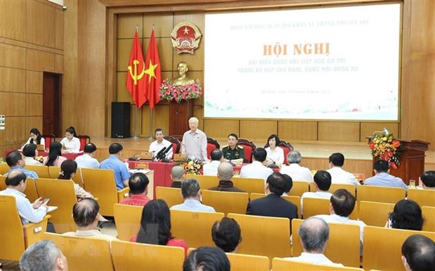 Tổng Bí thư Nguyễn Phú Trọng phát biểu tại buổi tiếp xúc cử tri quận Đống Đa, Ba Đình và Hai Bà Trưng. (Ảnh: Trí Dũng/TTXVN)